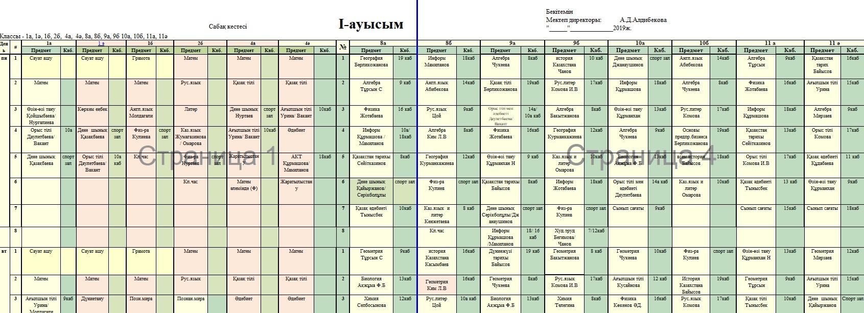 schedule of lessons I ауысым