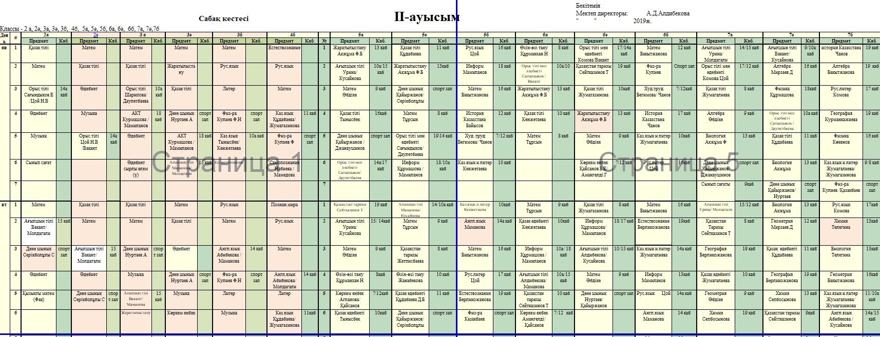 schedule of lessons II ауысым