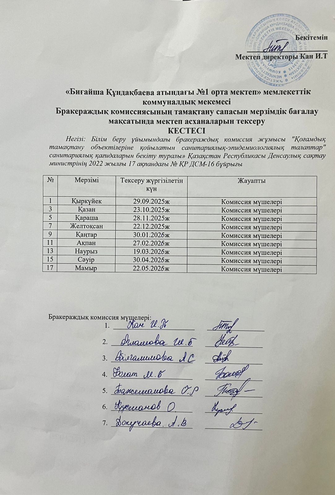 Бракераждық комиссиясының тамақтану сапасын мерзімдік бағалау мақсатында мектеп асханаларын тексеру КЕСТЕСІ